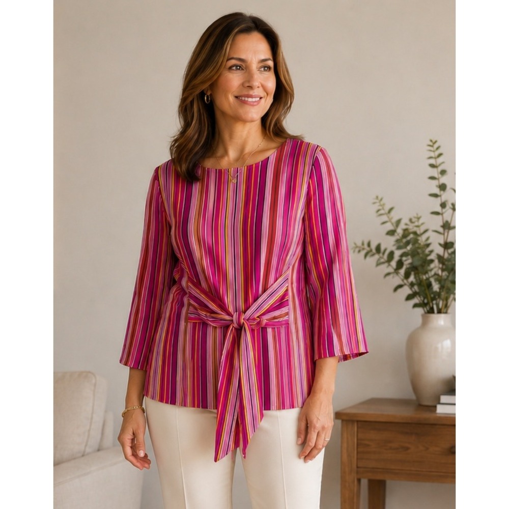 Worthington Blouse Women Large Pink Striped Tie Waist‎ Bell Sleeve Top Career